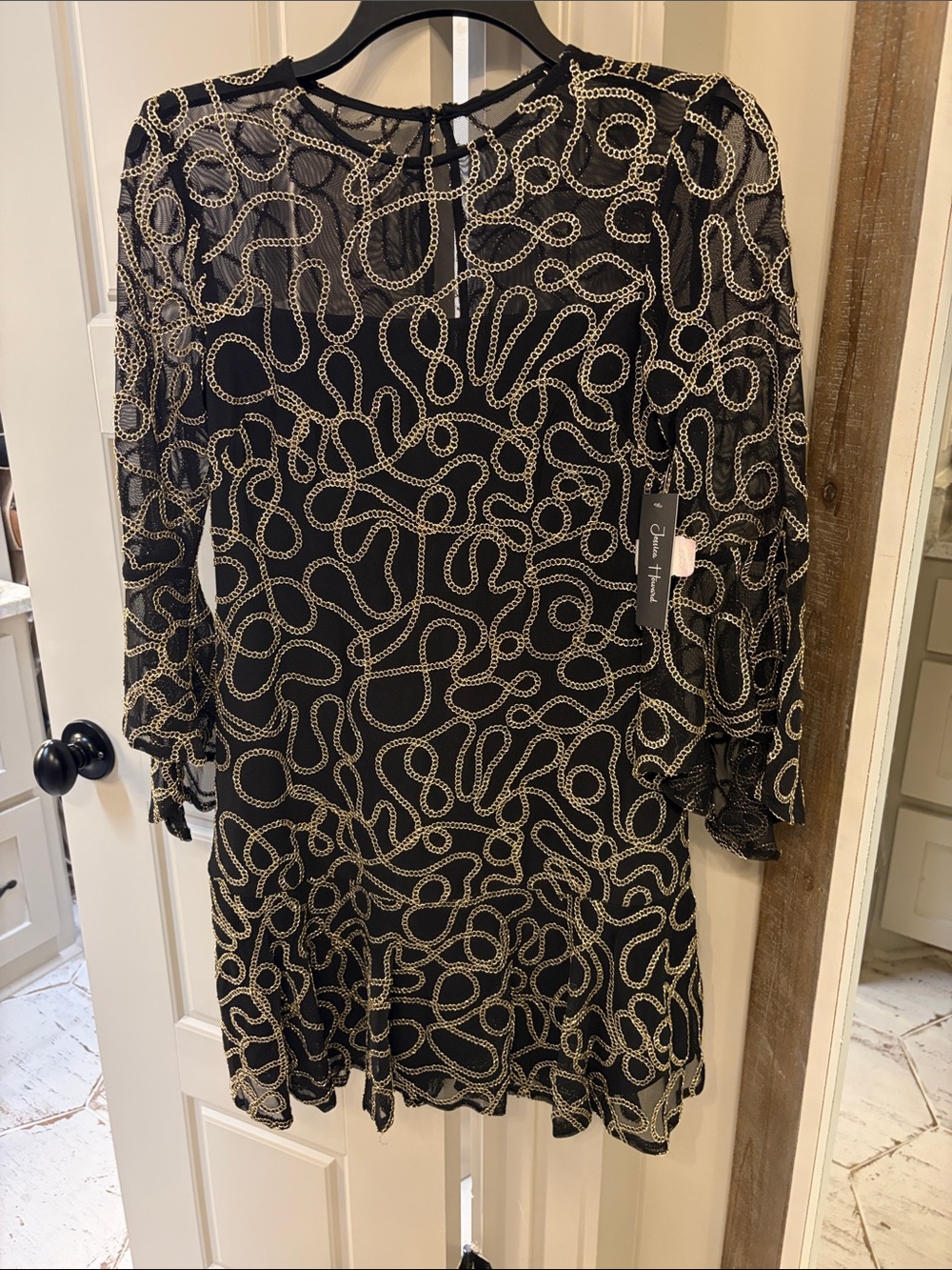 Jessica Howard Black and Gold Beaded-Pattern Sheer Sleeve Dress